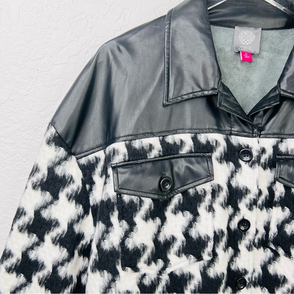Vince Camuto Black/White Houndstooth Faux Leather Trim Button Down Shacket XL - Picture 12 of 15